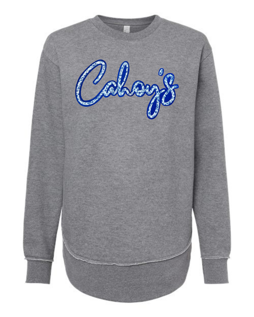 BLUE FLORAL/BLUE CAHOY'S - GREY WOMENS FLEECE LONG CREW