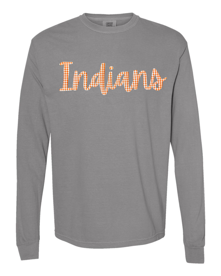 CURSIVE ORANGE/WHITE GINGHAM INDIANS - GREY LONG SLEEVE