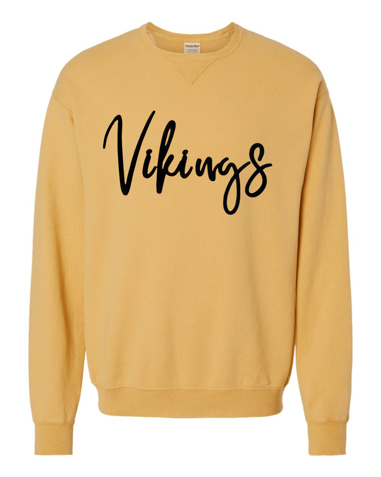 TALL CURSIVE BLACK VIKINGS - MUSTARD COMFORTWASH CREW