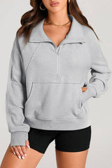 Pretty Bash - Quarter Zip Kangaroo Pocket Sweatshirt: Light Grey / L