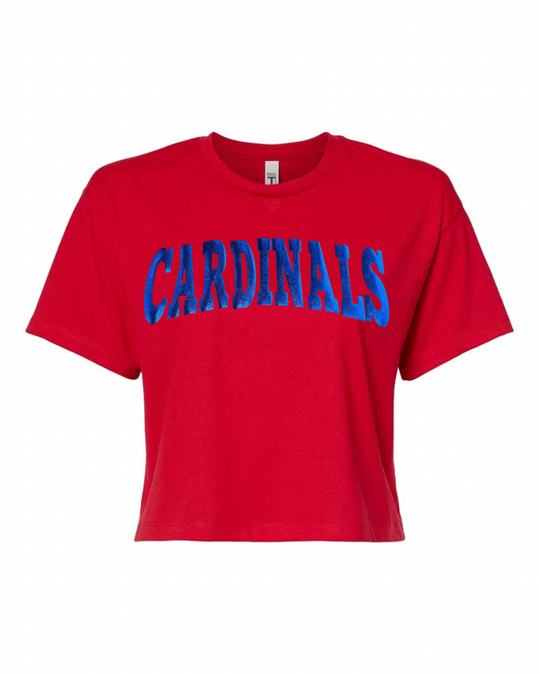 BLUE METALLIC CARDINALS - RED CROP TSHIRT