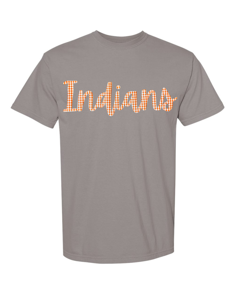 CURSIVE ORANGE/WHITE GINGHAM INDIANS - GREY TEE (YOUTH + ADULT)