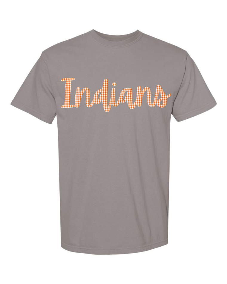 CURSIVE ORANGE/WHITE GINGHAM INDIANS - GREY TEE (YOUTH + ADULT)