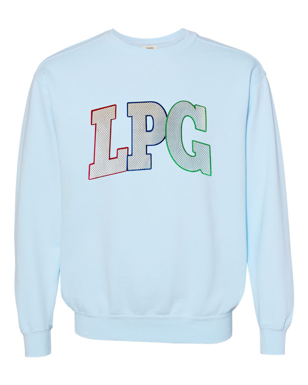 LPG - (BLACK/WHITE POLKA +  RED-BLUE-GREEN BACKING) - LIGHT BLUE COMFORT COLORS CREW
