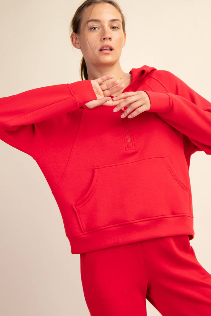 Rae Mode - MODAL SCUBA QUARTER ZIP HODDIE JACKET: True Red / S-M-L(2-2-2)