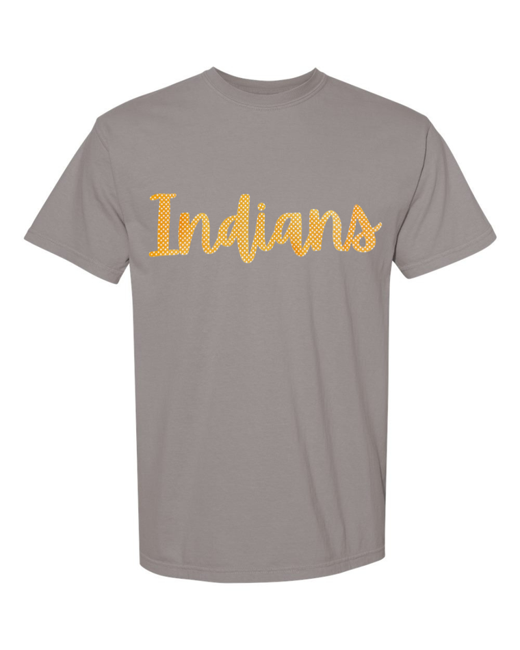 CURSIVE ORANGE/WHITE POLKA DOT INDIANS - GREY TEE (YOUTH + ADULT)