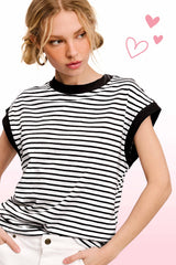 La Miel - JDT7710-Nautical Cap Sleeve Striped Top: Goji Berry / M