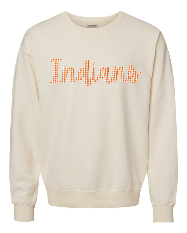 CURSIVE ORANGE/WHITE GINGHAM INDIANS - IVORY COMFORTWASH CREW