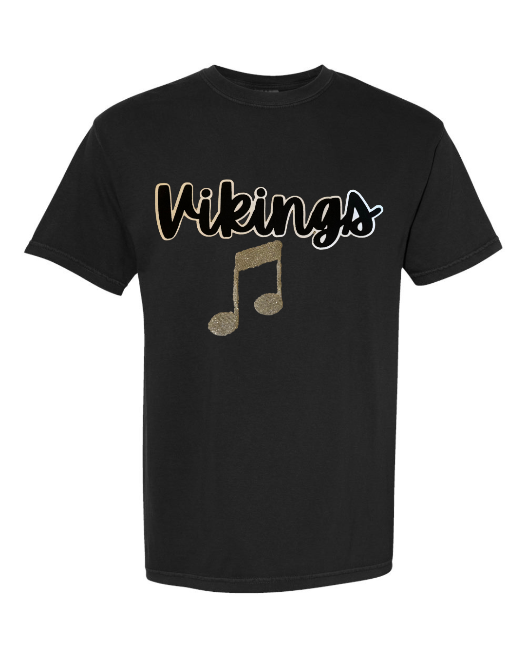 BLACK/WHITE VIKINGS + GOLD SPARKLE MUSIC NOTE - BLACK COMFORT COLORS TEE