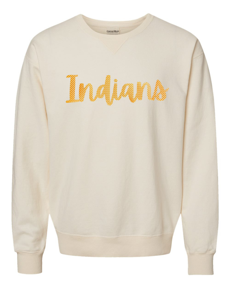 CURSIVE ORANGE/WHITE POLKA DOT INDIANS - IVORY COMFORTWASH CREW