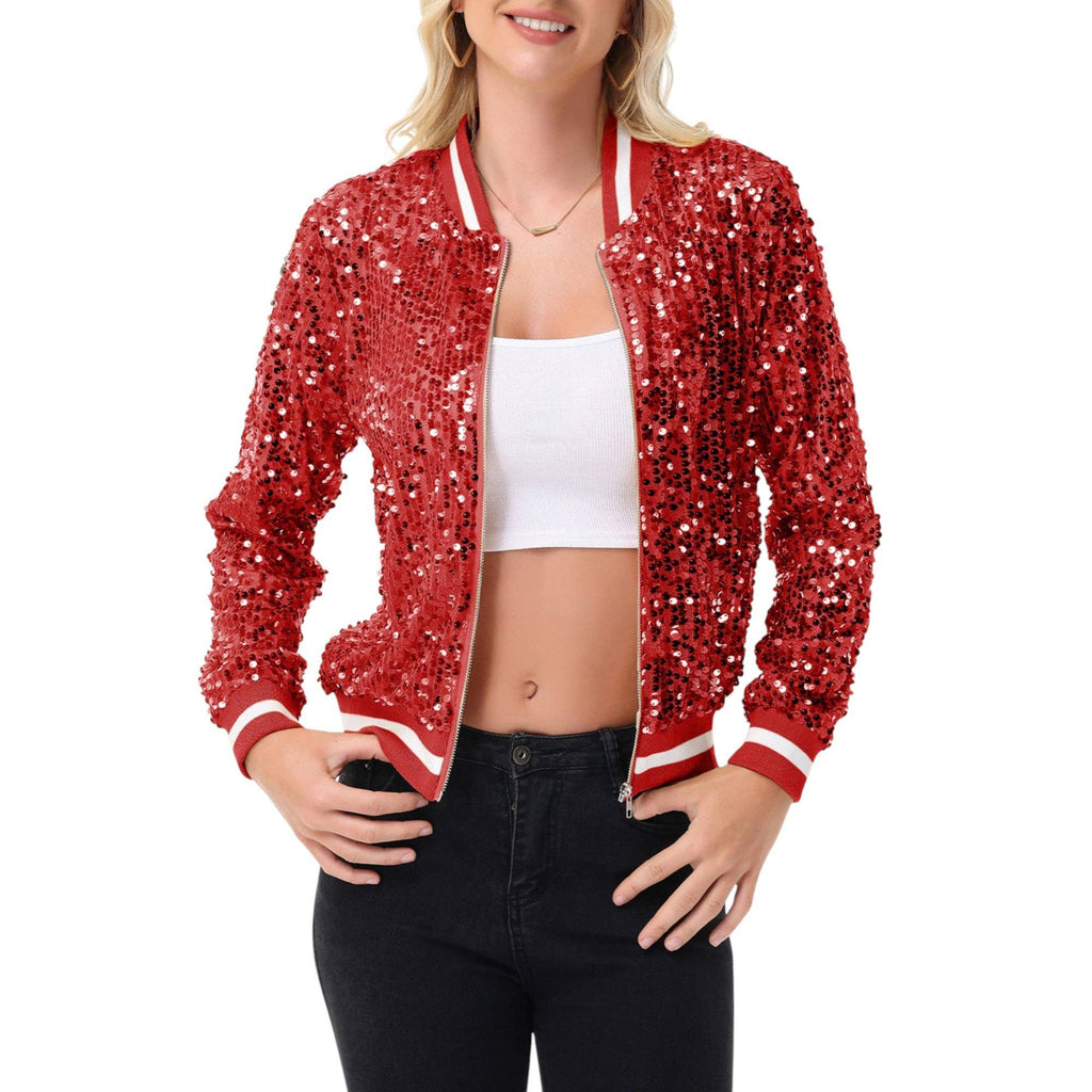 Anna Kaci Wholesale - Game Day Sequin Bomber Jacket with Ribbed Trim and Front Zip: Red / Small 4-6