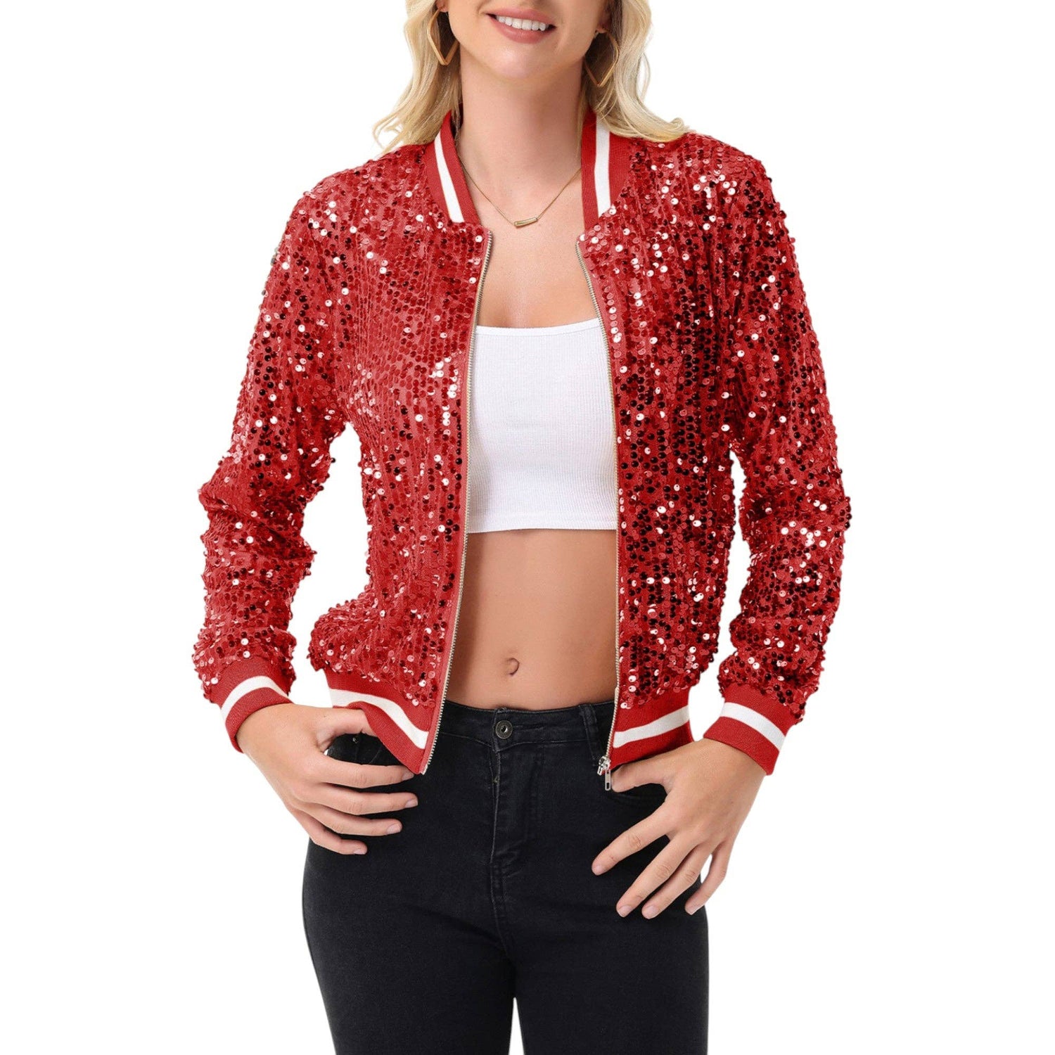 Anna Kaci Wholesale - Game Day Sequin Bomber Jacket with Ribbed Trim and Front Zip: Red / Medium 8-10