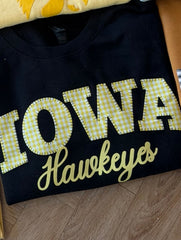 YELLOW GINGHAM IOWA EMBROIDERED HAWKEYES - BLACK CREWNECK