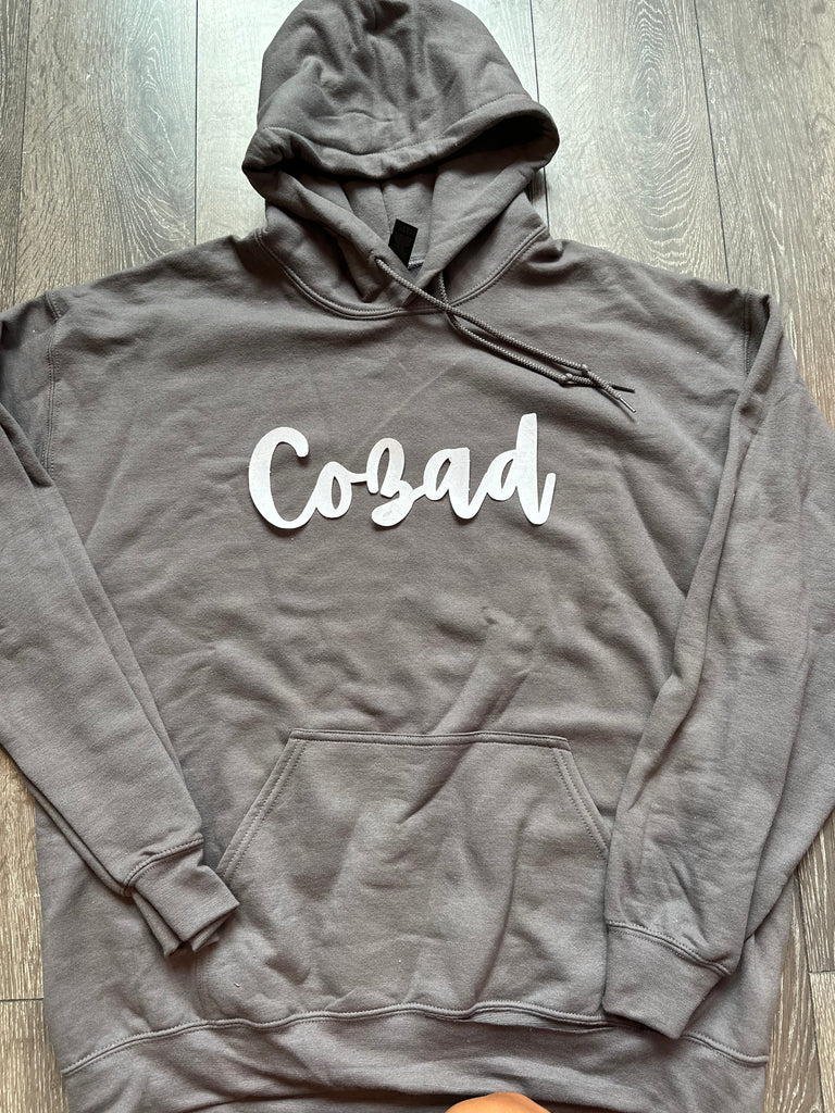 CURSIVE WHITE SPARKLE COZAD - CHARCOAL HOODIE (YOUTH + ADULT)
