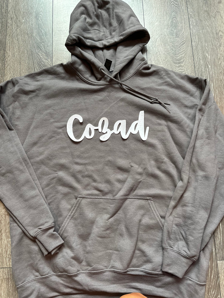 CURSIVE WHITE SPARKLE COZAD - CHARCOAL HOODIE (YOUTH + ADULT)