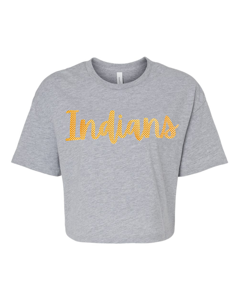 CURSIVE ORANGE/WHITE POLKA DOT INDIANS  - GREY CROP TEE