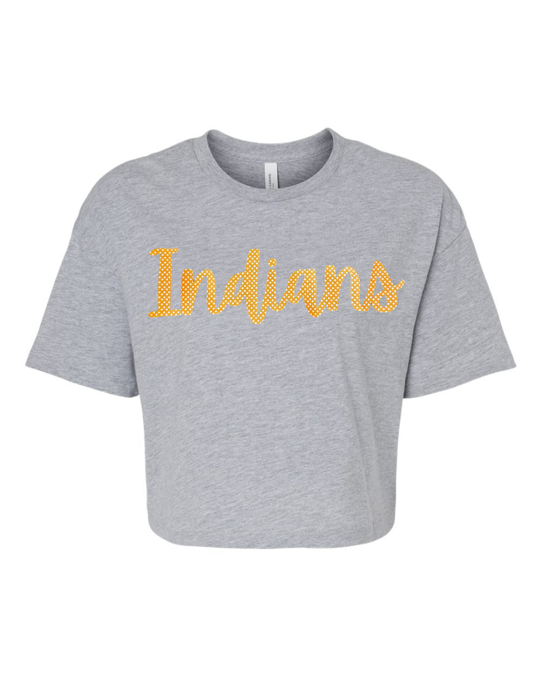 CURSIVE ORANGE/WHITE POLKA DOT INDIANS  - GREY CROP TEE