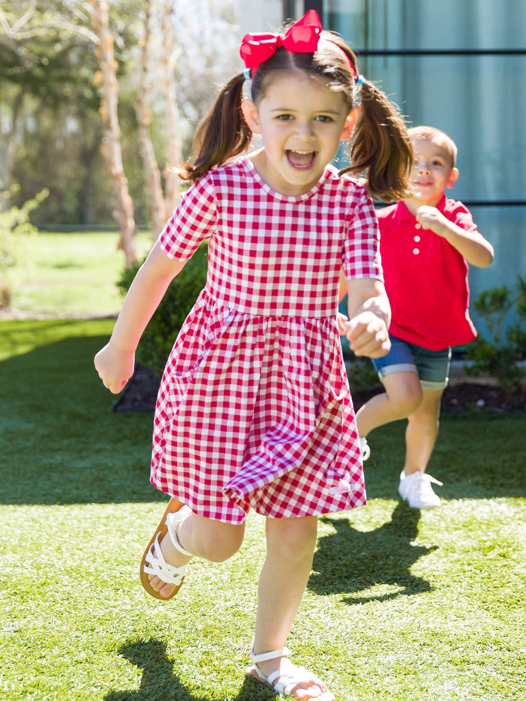 RuffleButts + RuggedButts - Girls Red Gingham Short Sleeve Knit Twirl Dress: Red / 18-24m