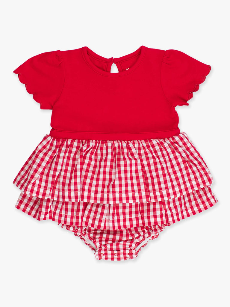 RuffleButts + RuggedButts - Baby Girls Classic Red Gingham Short Sleeve Skirted Romper: Red / 12-18m