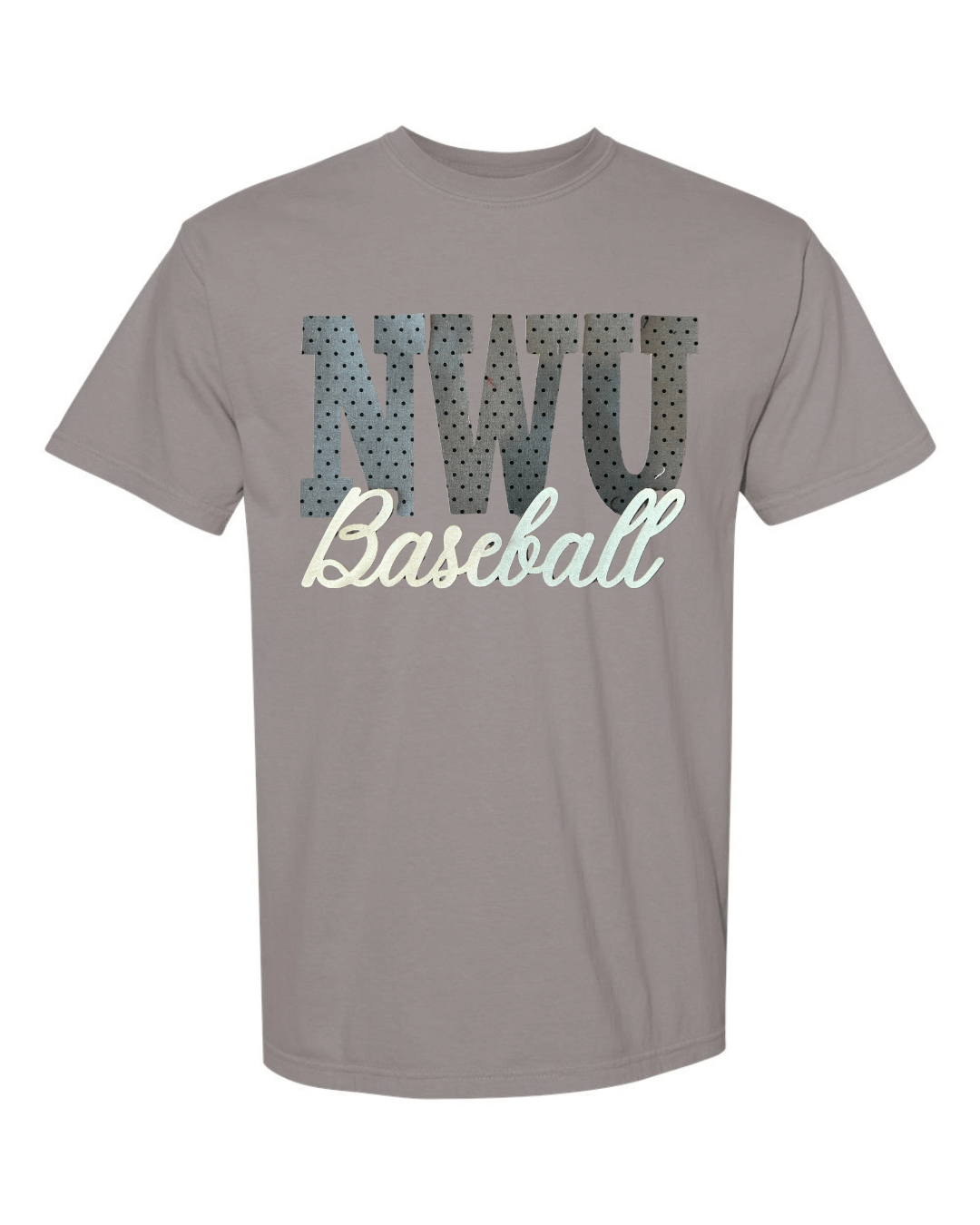 NWU BASEBALL (GREY/BLACK POLKA DOT + GOLD METALLIC) - GREY COMFORT COLORS TEE