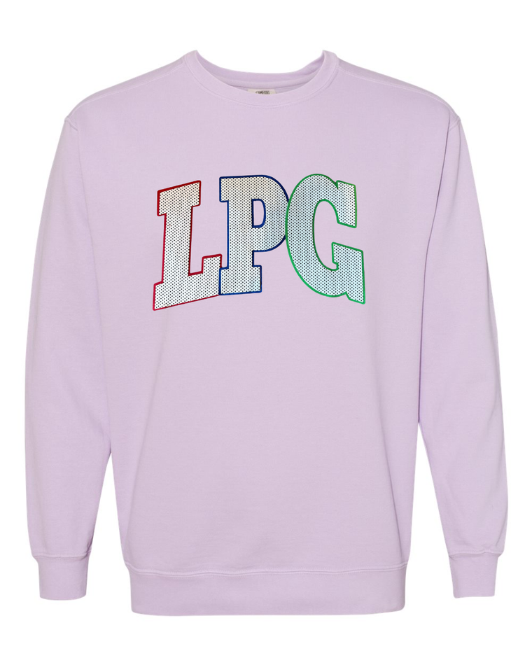 LPG - (BLACK/WHITE POLKA + RED-BLUE-GREEN BACKING) - PURPLE COMFORT COLORS CREW