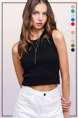 La Miel - HUT7340-Basic Ribbed Sleeveless Crew Mock Neck Tank Top: Onyx / M