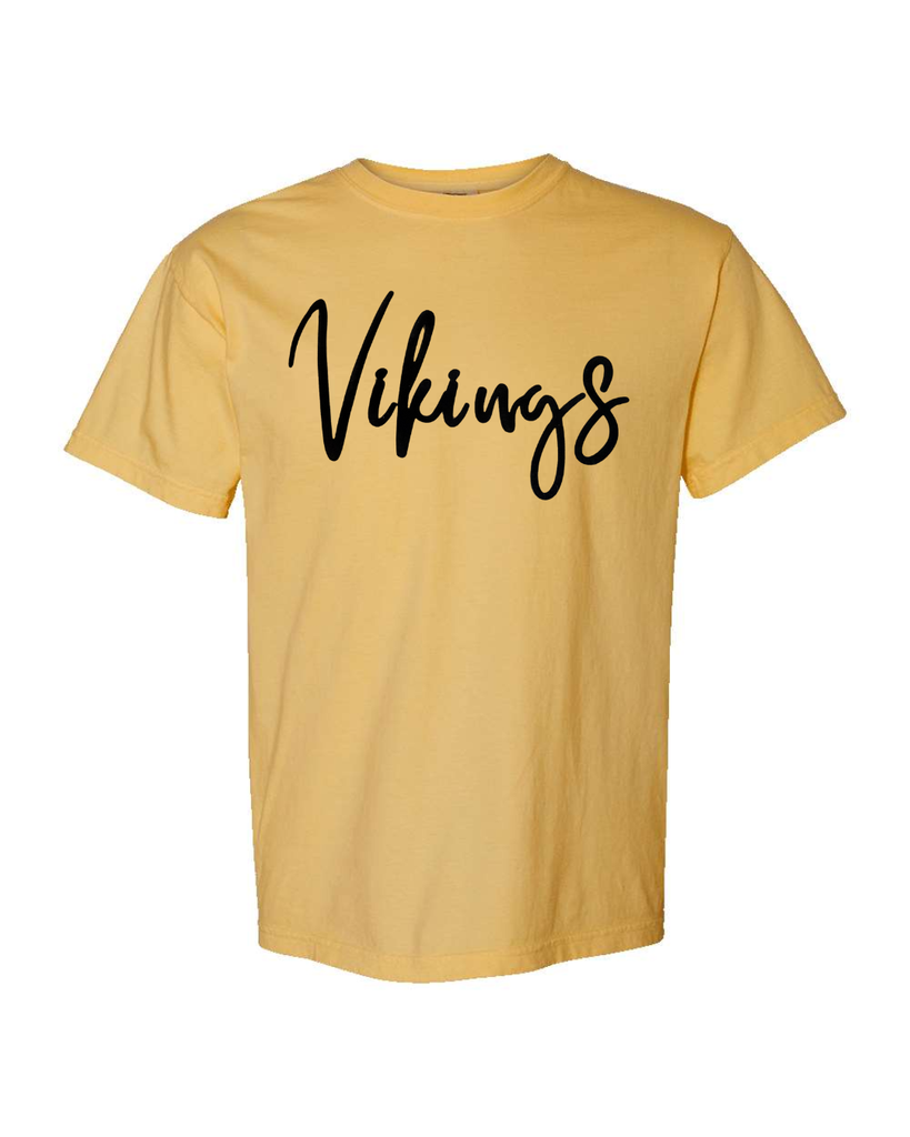 TALL CURSIVE BLACK VIKINGS - MUSTARD COMFORT COLORS TEE
