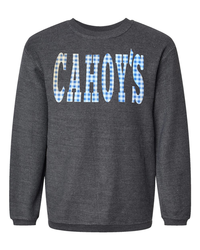 BLUE GINGHAM CAHOY'S - GREY RIBBED CREW