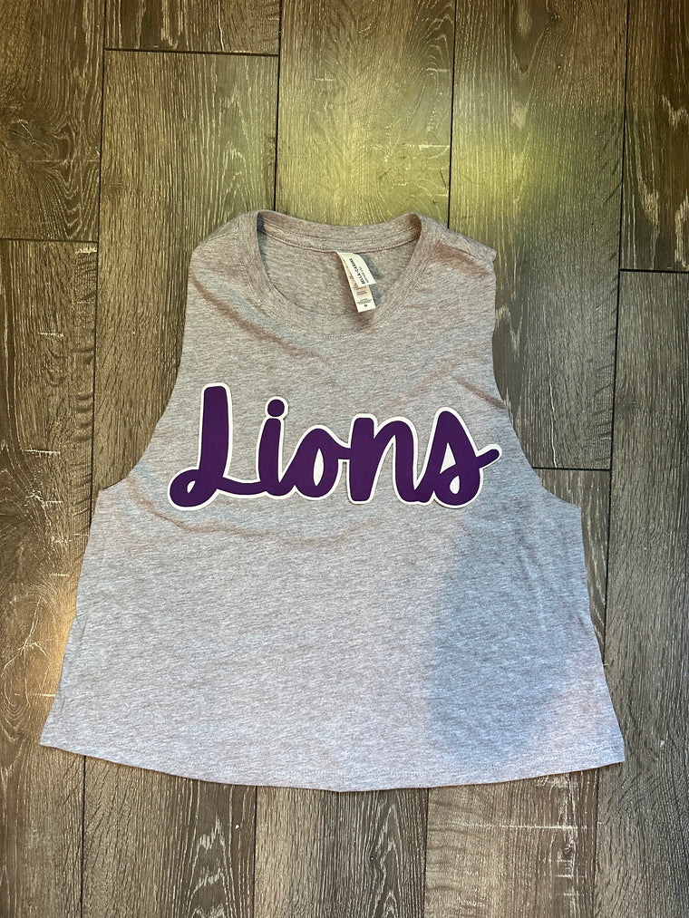 CURSIVE PURPLE/WHITE LIONS - GREY CROP TANK TOP