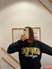 YELLOW PLAID/WHITE IOWA EMBROIDERED HAWKEYES - BLACK CREWNECK
