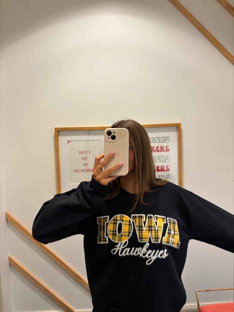 YELLOW PLAID/WHITE IOWA EMBROIDERED HAWKEYES - BLACK CREWNECK
