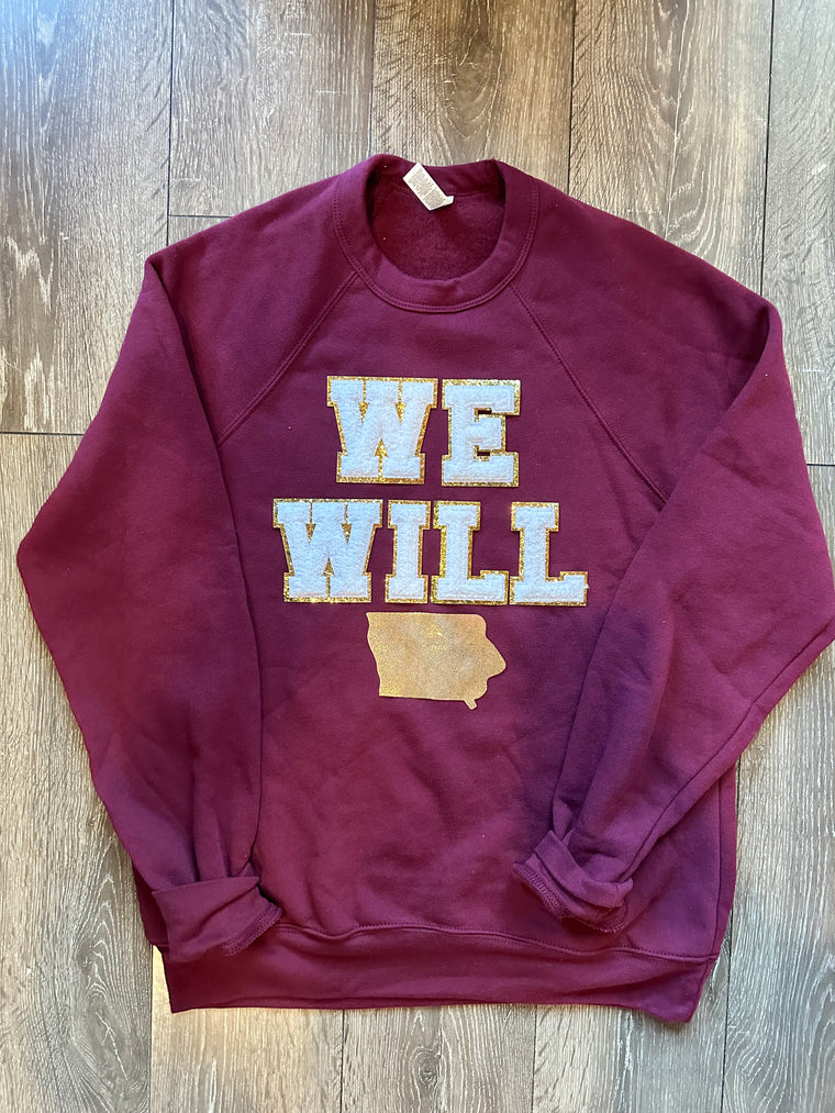 CHENILLE WE WILL w/ STATE - MAROON SPONGE CREW