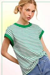 La Miel - JDT7710-Nautical Cap Sleeve Striped Top: Goji Berry / S