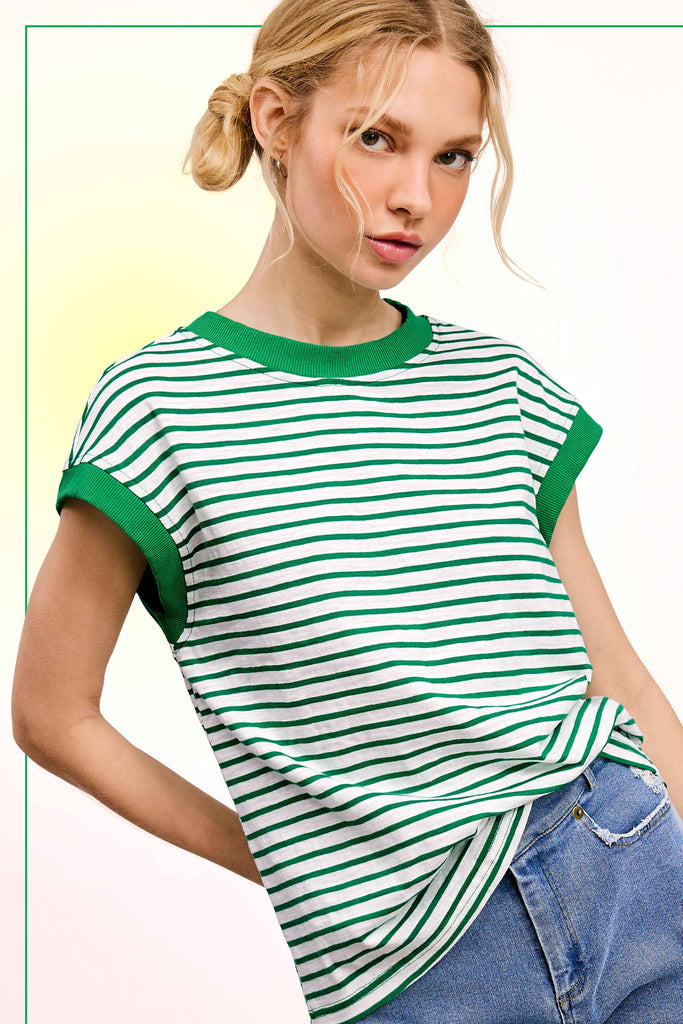 La Miel - JDT7710-Nautical Cap Sleeve Striped Top: Goji Berry / L