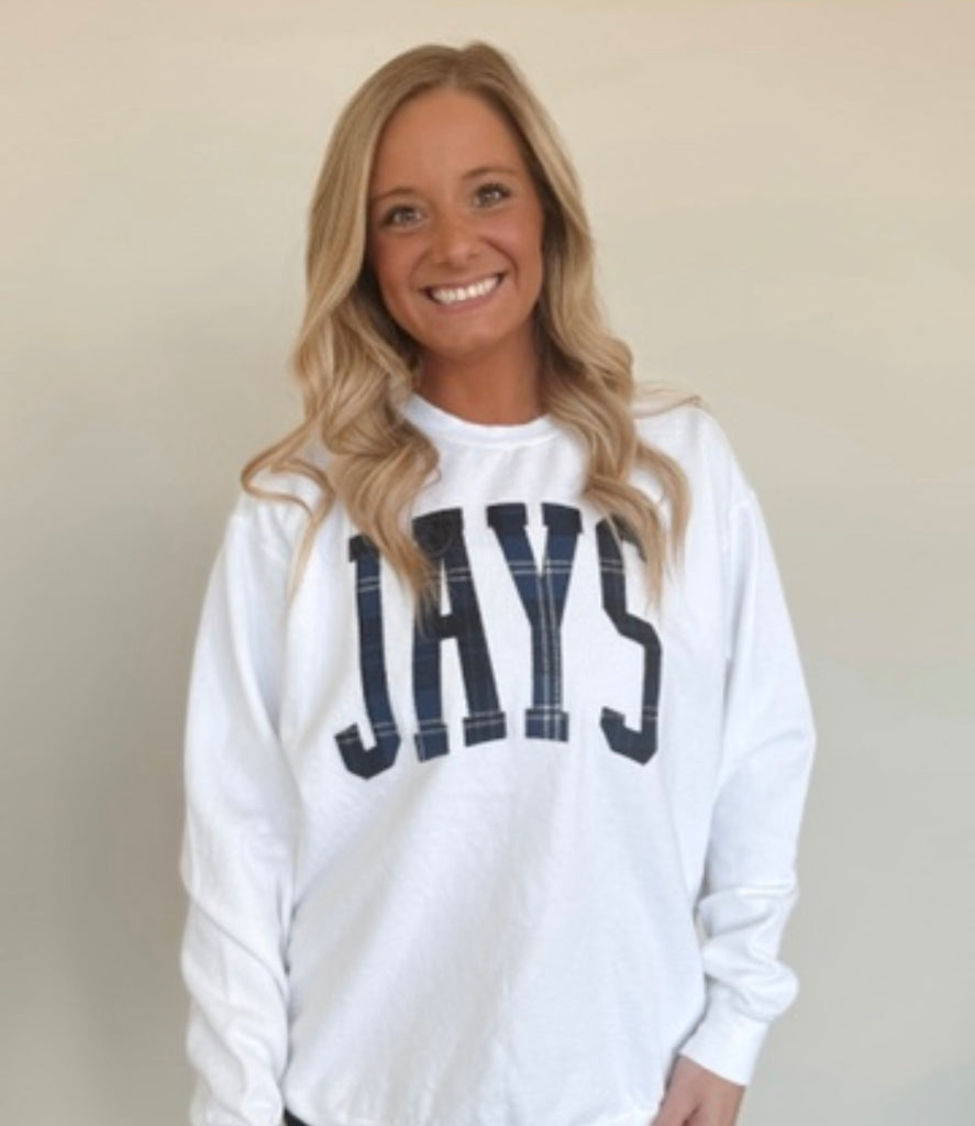 BLUE FLANNEL JAYS - WHITE COMFORT COLORS CREWNECK