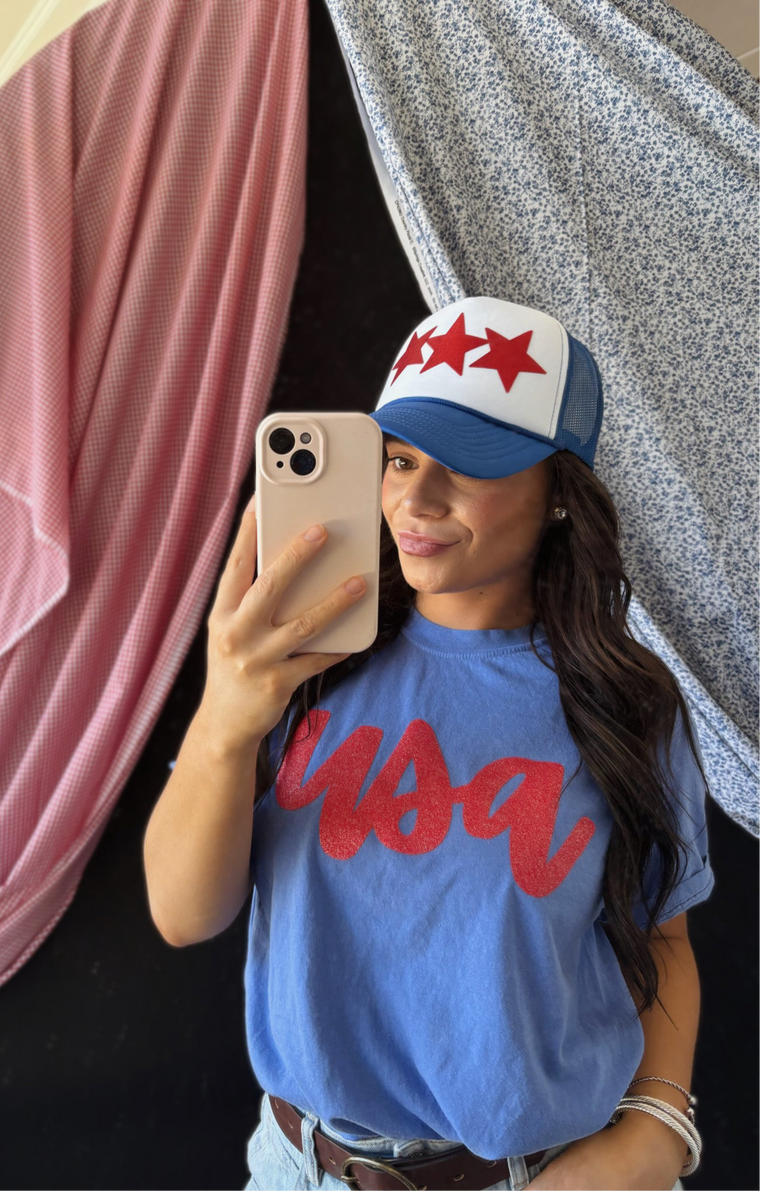 RED SPARKLE USA - FLO BLUE COMFORT COLORS TEE