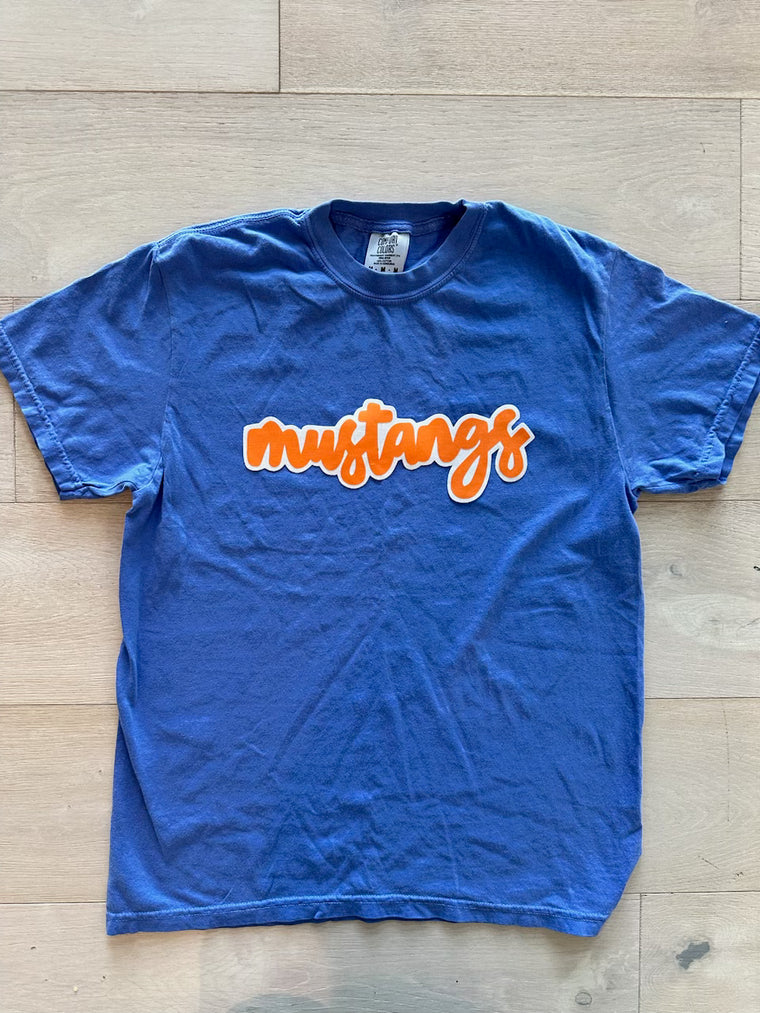 MODERN ORANGE/WHITE MUSTANGS - BLUE COMFORT COLORS TEE (YOUTH + ADULT)