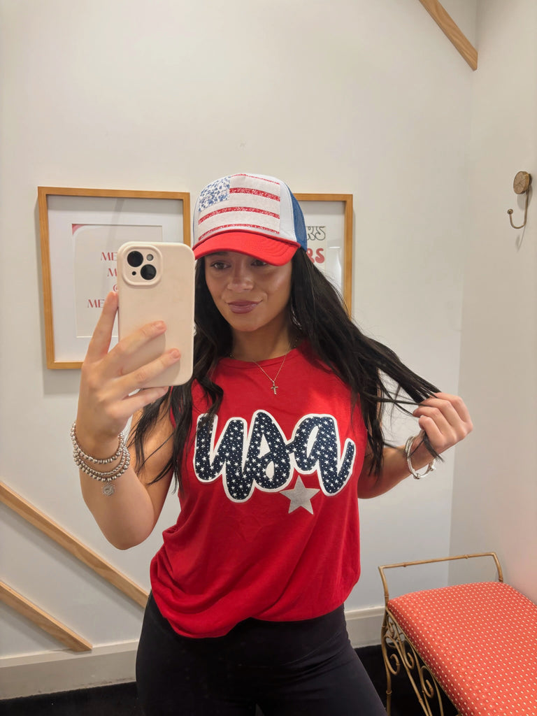 CURSIVE NAVY STARS/WHITE USA w/ SILVER METALLIC STAR - RED MUSCLE TANK