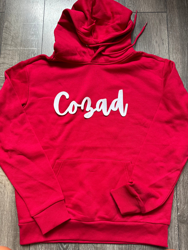 CURSIVE WHITE SPARKLE COZAD - RED HOODIE (YOUTH + ADULT)