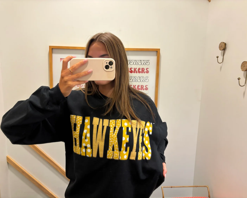 YELLOW PATCHWORK HAWKEYES - BLACK CREWNECK