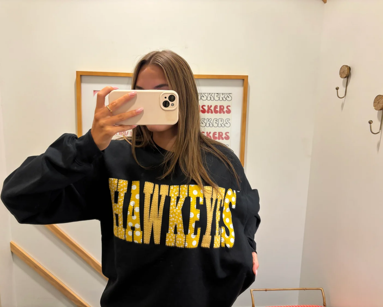 YELLOW PATCHWORK HAWKEYES - BLACK CREWNECK