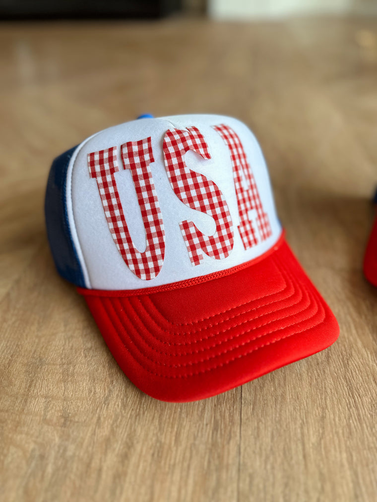 RED GINGHAM USA - RED/BLUE TRUCKER HAT