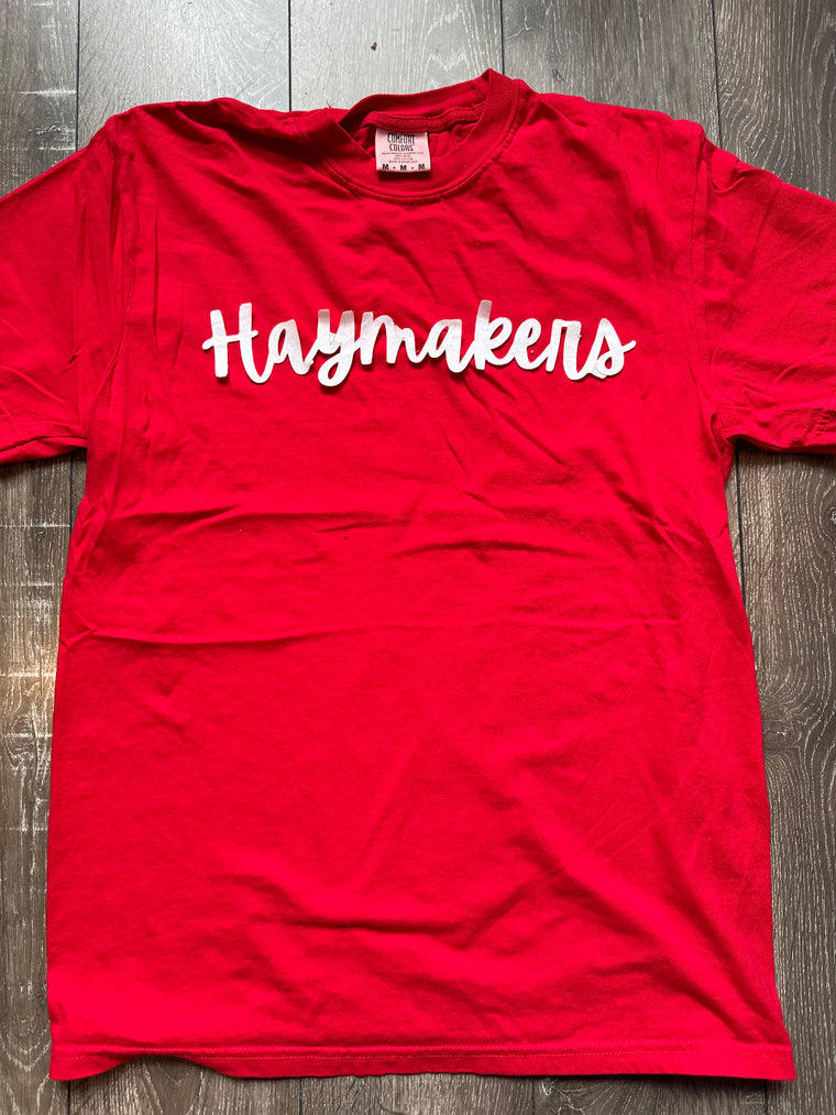 CURSIVE WHITE SPARKLE HAYMAKERS - RED COMFORT COLORS TEE (YOUTH + ADULT)