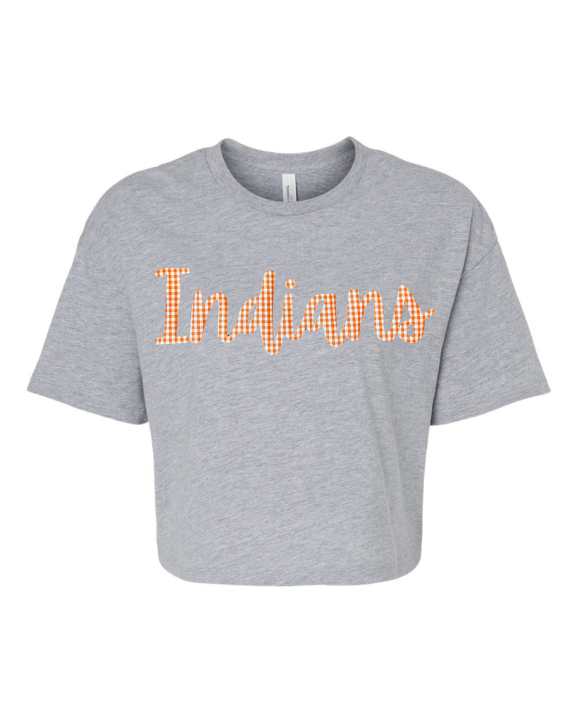 CURSIVE ORANGE/WHITE GINGHAM INDIANS  - GREY CROP TEE