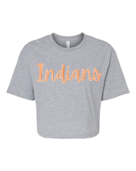 CURSIVE ORANGE/WHITE GINGHAM INDIANS  - GREY CROP TEE