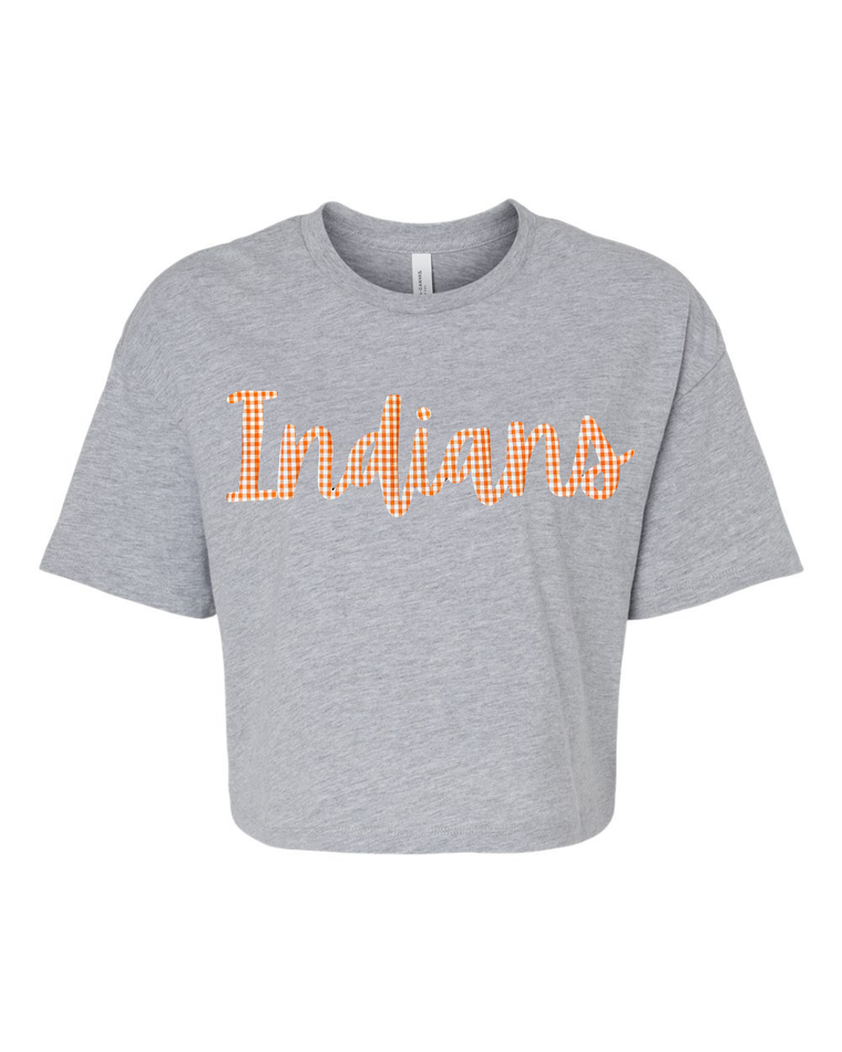 CURSIVE ORANGE/WHITE GINGHAM INDIANS  - GREY CROP TEE