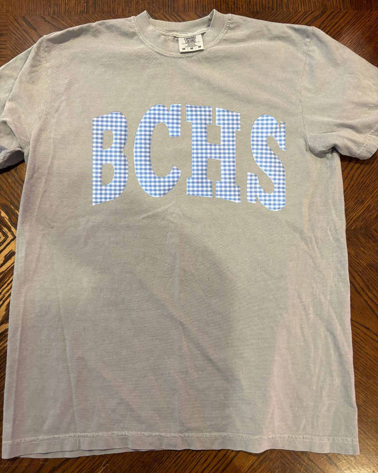 BLUE GINGHAM BCHS - GREY COMFORT COLORS TEE