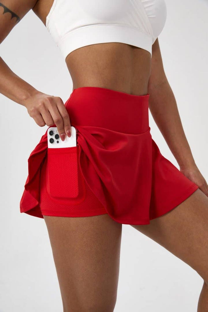 Active by Anna-Kaci - High Waist Athletic Skort Built In Shorts Pocket: Red / XL