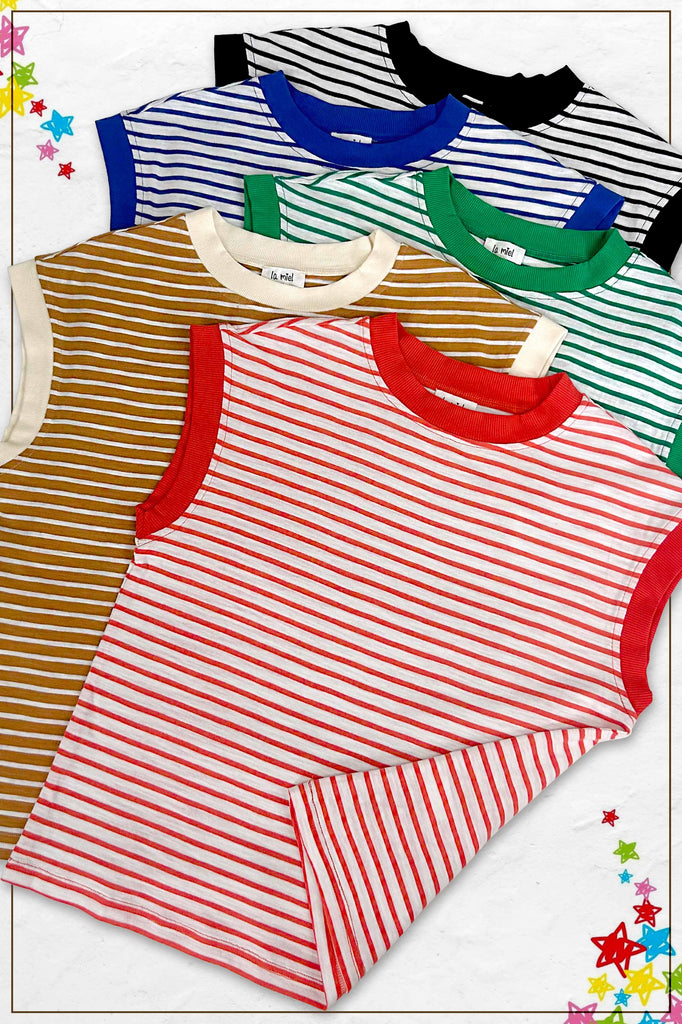 La Miel - JDT7710-Nautical Cap Sleeve Striped Top: Goji Berry / M