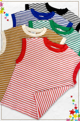 La Miel - JDT7710-Nautical Cap Sleeve Striped Top: Goji Berry / L